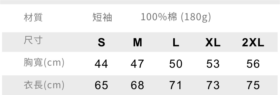 T恤尺寸對照表